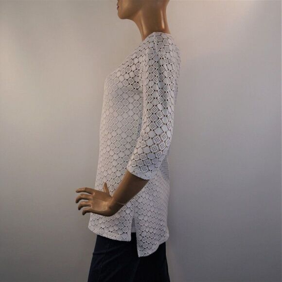 Peck And Peck White Tunic Top Cutout Pattern Stretch 3/4 Sleeve Lined Sz Small - Picture 4 of 9